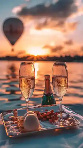 Dos copas de champagne en una terraza iluminada con velas