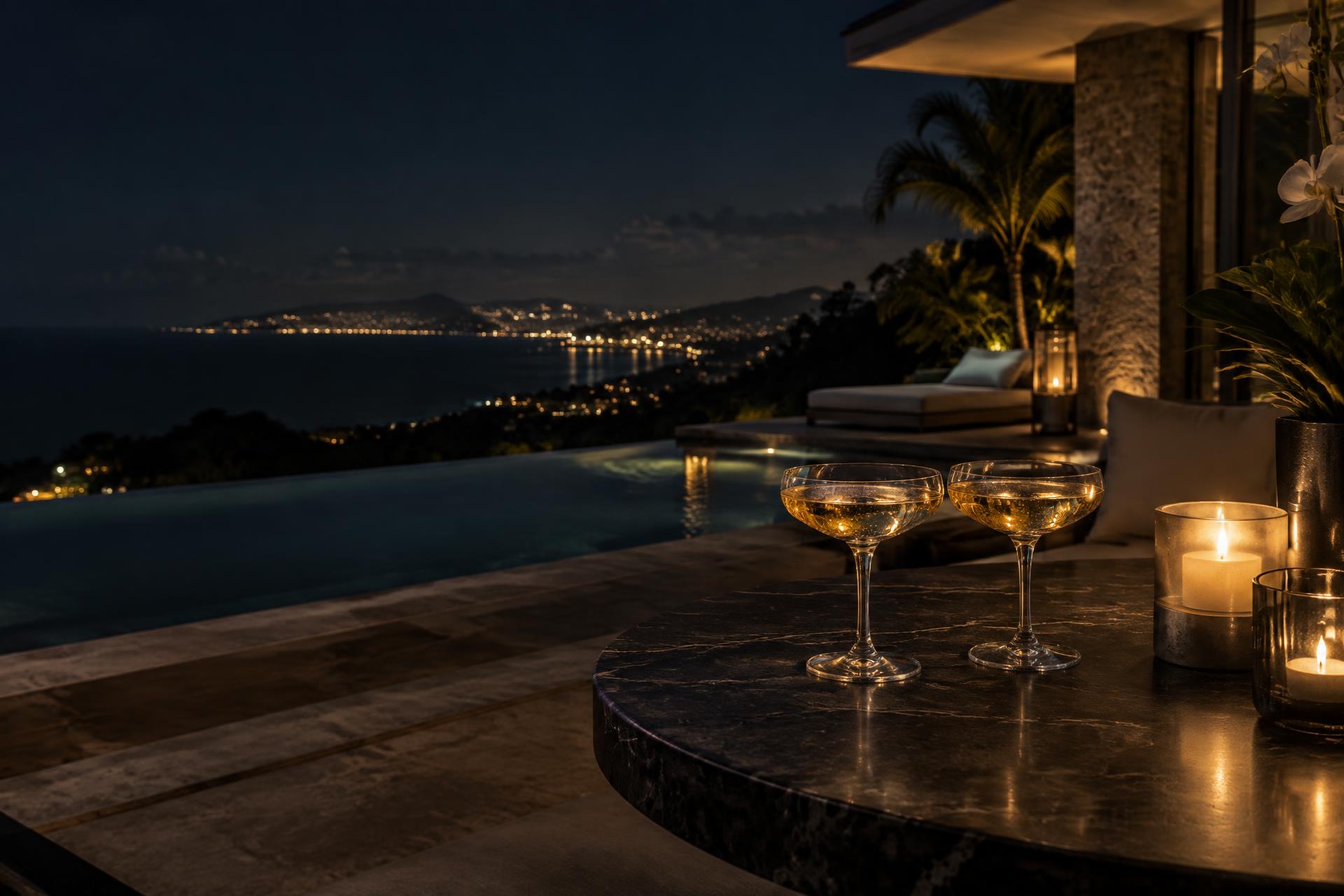 Terraza nocturna de lujo con dos copas frente a la costa